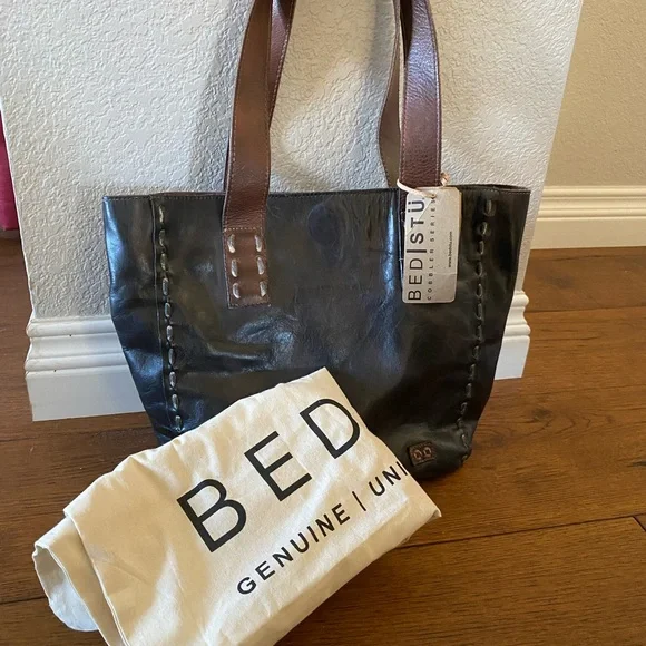 BED|STU Stevie Black with Dark Brown Straps Leather Shoulder Tote - Picture 3 of 6